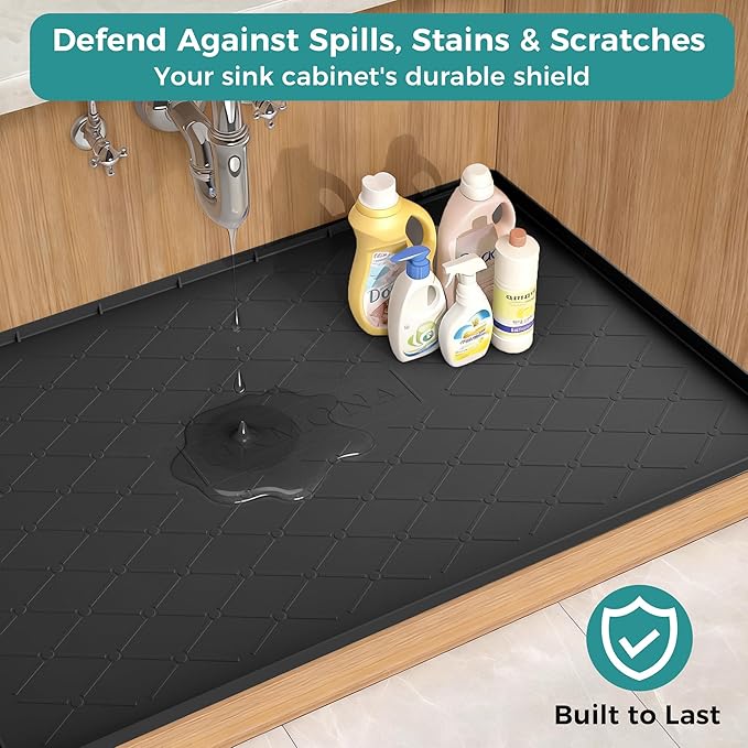 URMONA Under Sink Mat for Kitchen Waterproof, 34" x 22" Silicone Under Sink Mat for Shelf Liner Organizer, Cabinet Sink Protector Under Sink Liner for Bottom Kitchen, Bathroom(Black)