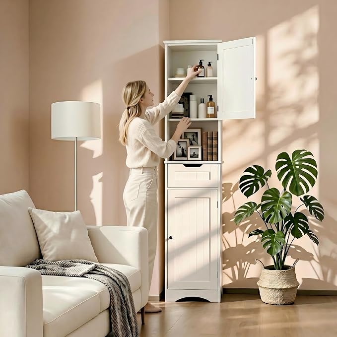 Gizoon 67" H Tall Bathroom Storage Cabinet, Narrow Storage Cabinet with 2 Doors & Drawer, Towel Cabinet with Freestanding Adjustable Shelves for Small Spaces, Kitchen, Living Room, Anti-Tipping, White