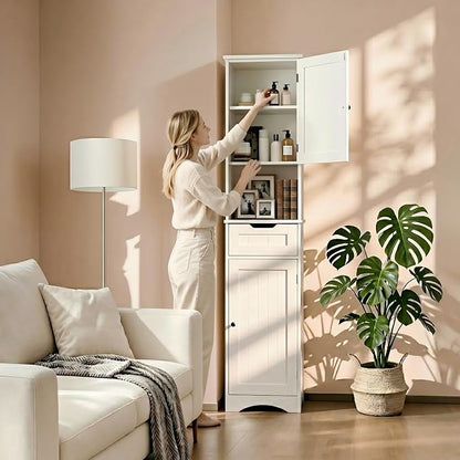 Gizoon 67" H Tall Bathroom Storage Cabinet, Narrow Storage Cabinet with 2 Doors & Drawer, Towel Cabinet with Freestanding Adjustable Shelves for Small Spaces, Kitchen, Living Room, Anti-Tipping, White