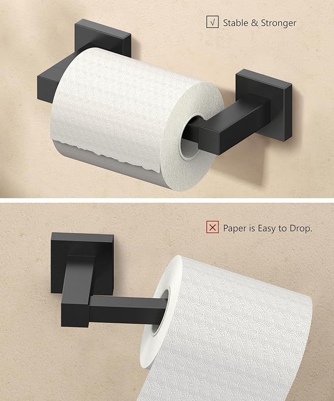 FORIOUS Toilet Paper Holder Wall Mount, Stainless Steel Rustproof Double Post Pivoting Tissue Roll Holder for Bathroom, Commercial Toilet Paper Dispenser (Matte Black, Square 2 Pack)