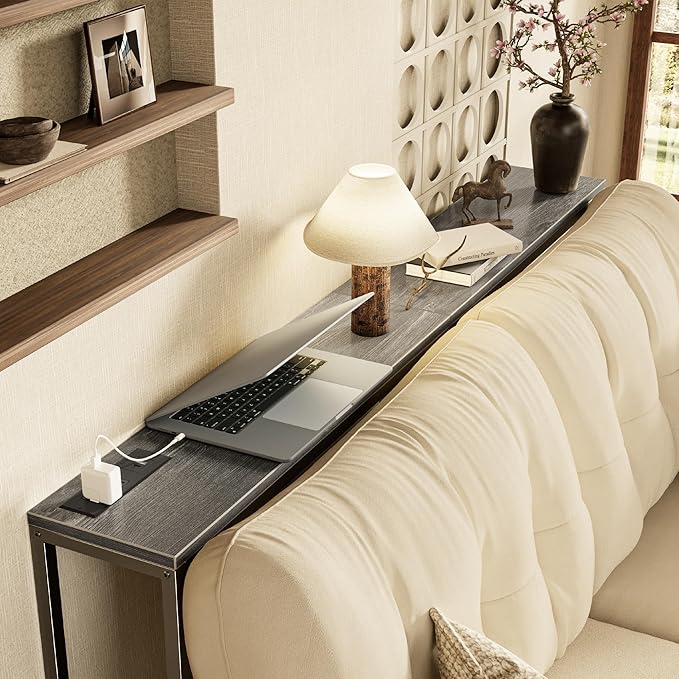 SUPERJARE Console Table with Outlet, 63 Inch Sofa Table with Charging Station, Narrow Hallway Entryway Table, Behind Couch Table Skinny for Entryway, Living Room, Plants, Charcoal Gray