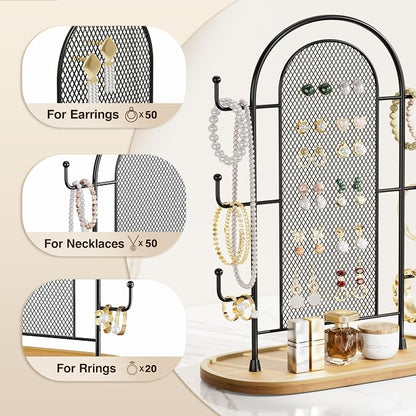 bussdis Jewelry Holder Organizer Earring Display - Earring Storage Tree Stands Towers With 6 Hooks 300 Studs Wood Tray Black Metal Rack