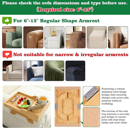 GHKINMAL Bamboo Couch Cup Holder, 4 in 1 Couch Arm Trays with 360°Rotated Phone Holder, Non-Slip Clip on Side Table for Drinks/Remote/Snacks, Ideal Gift for Husband, Wife, Parents