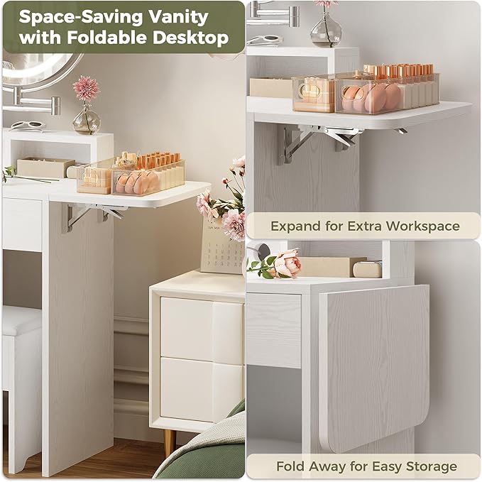 IRONCK Vanity Desk with 360° Rotating LED Mirror & Power Outlet, Makeup Vanity with 6 Slot Compartments & Storage Stool & Hairdryer Rack, White Dressing Table with Drop Leaf for Girls Women Bedroom