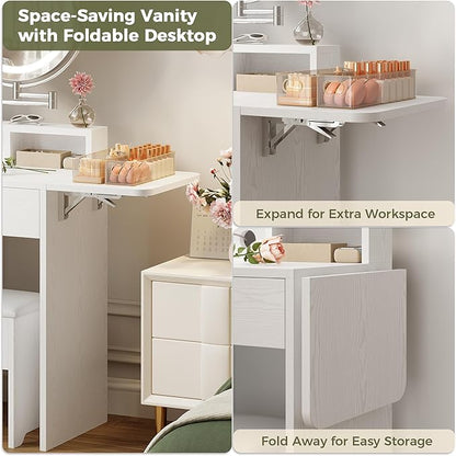 IRONCK Vanity Desk with 360° Rotating LED Mirror & Power Outlet, Makeup Vanity with 6 Slot Compartments & Storage Stool & Hairdryer Rack, White Dressing Table with Drop Leaf for Girls Women Bedroom