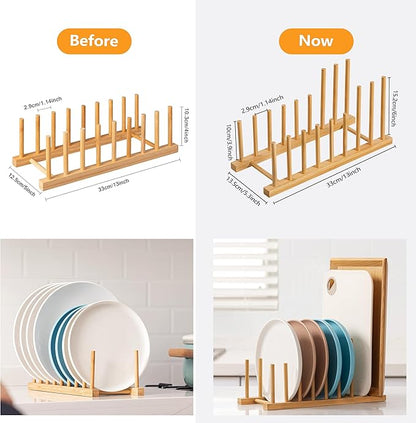 HBlife 2pcs Heighten and Widen Bamboo Dish Drying Rack Plate Bowl Cup Book Pot Lid Cutting Board Stand Drainer Storage Holder Organizer for Kitchen Cabinet