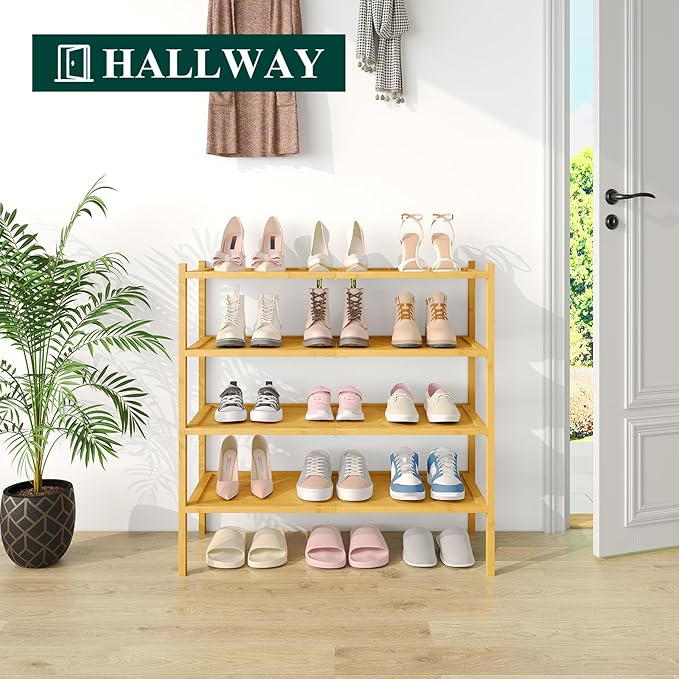 Smiry Bamboo Shoe Rack, 4 Tier Shoe Organizer for Entryway & Closet, Stackable Free Standing Storage Shelf for Shoes, Bags & Plants, Natural