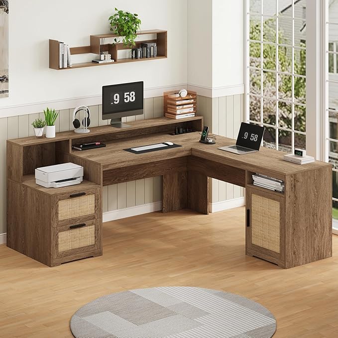 63" Farmhouse L Shaped Executive Desk with Drawers & Storage Shelf, Corner Rattan Computer Desk with Power Outlets, L Shaped Office Desk with Monitor Stand, Printer Shelf