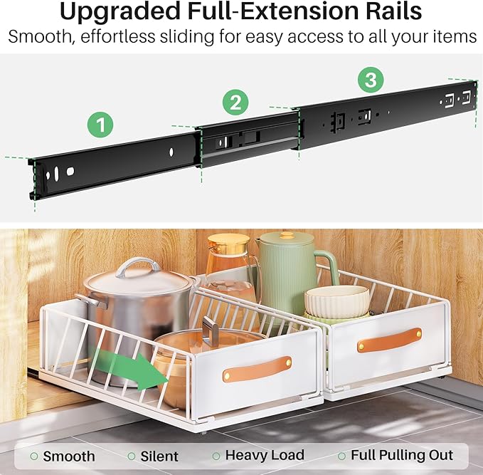 2Pack Pull out Cabinet Organizer,Heavy Duty Slide out Pantry Shelves Drawer Storage with Adhesive Nano Film,Sliding Mesh Basket with Handle for Kitchen, Bathroom, Home, 11.8W" X 15.7"D X 6.2"H,White