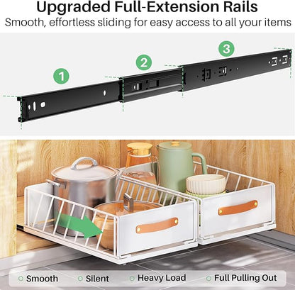 Pull out Cabinet Organizer,Heavy Duty Slide out Pantry Shelves Drawer Storage with Adhesive Nano Film,Sliding Mesh Cabinet Basket with Handle for Kitchen, Bathroom, Home, 9.8"W X 15.7"D X 6.2"H,White