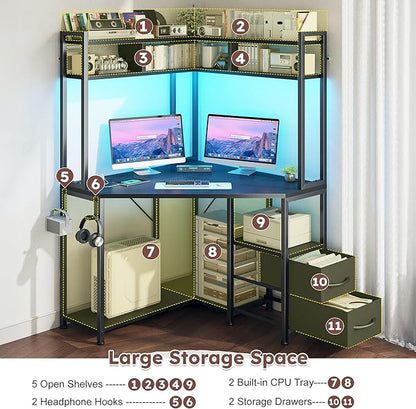 Corner Desk,35.4" W x 63" H Small Computer Desk and Office Desk with Hutch & LED Lights，Gaming Desk with Storage Drawers & Shelves and Hook for Small Space,Black