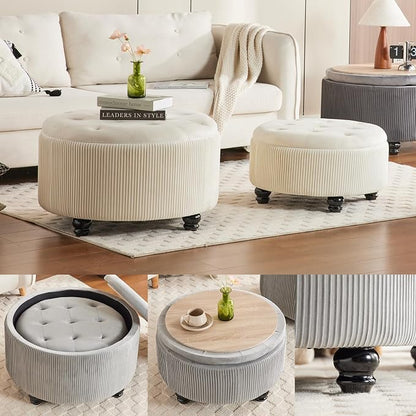Round Ottoman with Storage Set of 2 Upholstered Velvet Vanity Stool for Living Room Storage Ottomans Multifunctional Foot Rest (Large-Off White)