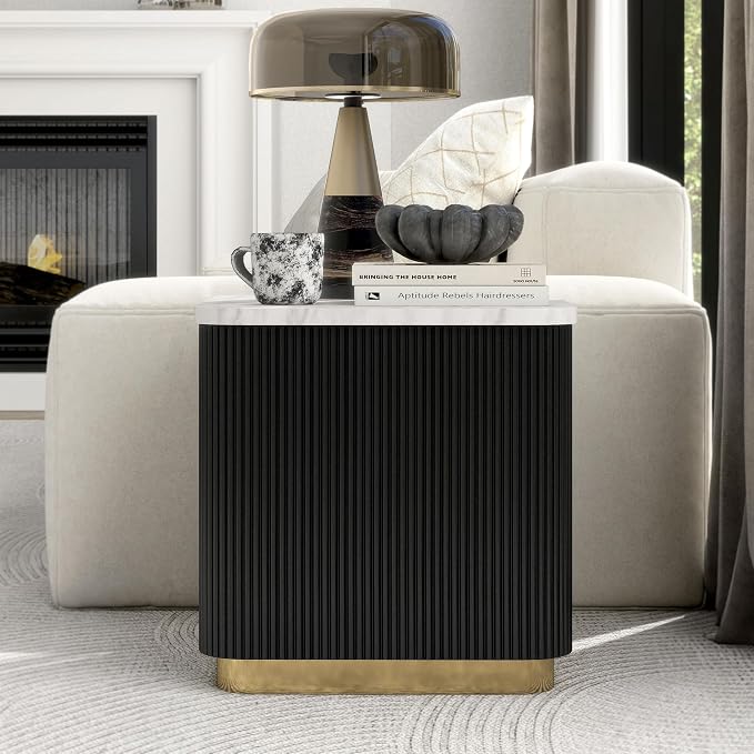 Furniture of America Beryl Modern Square White Genuine Marble Top End Table with Fluted Pedestal Base and Gold Stainless Steel Accent, Low Profile Table for Living Room, Home Office, Black