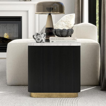 Furniture of America Beryl Modern Square White Genuine Marble Top End Table with Fluted Pedestal Base and Gold Stainless Steel Accent, Low Profile Table for Living Room, Home Office, Black