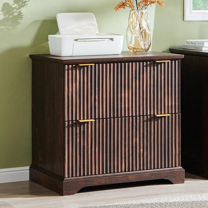 JXQTLINGMU 2 Drawer File Cabinet with Charging Station, 30" Fluted Lateral File Cabinet w/Files Hanging Rod for Letter/Legal/A4, Large Tabletop for Printer, Office Wood Printer Cabinets, Dark Walnut