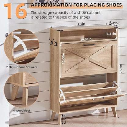 Shoe Storage Cabinet with 2 Flip Drawers, Boho Shoes Organizer for Entryway, Narrow Hidden Shoe Rack with Wood Legs & Open Storage, Free Standing Shoe Closet for Foyer, Hallway, Natural Oak