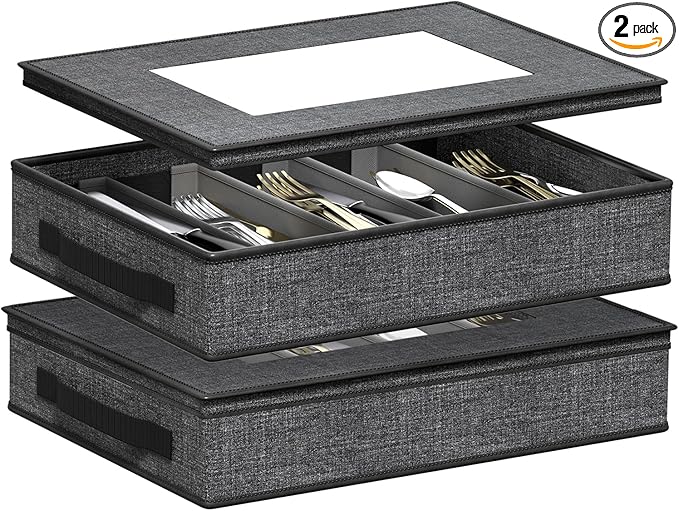 Aokeyee 2 Pack Silverware Storage Box, Sturdy Flatware & Utensil Storage Case with Adjustable Dividers, 5 Compartment Silverware Organizer with Lid and Handle for Utensil, Flatware, Knives, Gray