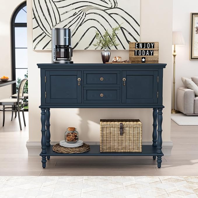 ARTPOWER Console Table with 2 Drawers, Retro Entryway Table with 2 Door Cabinets and Open Storage Shelf, Narrow Long Behind Couch Sofa Table for Living Room, Foyer, Hallway, Blue