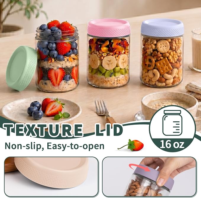 16 oz Mason Jars, Overnight Oats Containers with Lids for Yogurt, Glass Jar with Lid, Parfait Cups with Airtight Lids, Glass Jars for Overnight Oats, Storage, Food, Chia, Pudding, 6 Pack