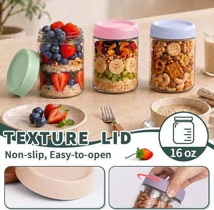 16 oz Mason Jars, Overnight Oats Containers with Lids for Yogurt, Glass Jar with Lid, Parfait Cups with Airtight Lids, Glass Jars for Overnight Oats, Storage, Food, Chia, Pudding, 6 Pack