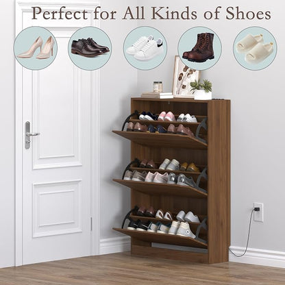 BORNOON Shoe Cabinet with Odor Control and Back Panels, Deodorizing Slim 3-Flip Shoe Storage Cabinet for Entryway, Freestanding Hidden Shoe Rack Organizer for Entrance, Hallway, Bedroom