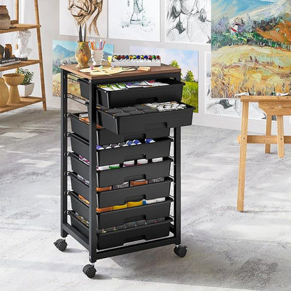 Rolling Storage Cart with Drawers,Utility Cart With 8 Drawers and Wooden Tabletop,Rolling Drawer Cart,Storage Drawer Cart for Living Room,Classroom,Bedroom,Bathroom,Dorm,Office, Black
