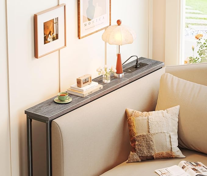 SUPERJARE 5.7 Inch Console Table with Outlet, Sofa Table, Behind Couch Table, 5.7 x 39.4 x 29.7 Inches, Metal Frame, Charging Station, Charcoal Gray