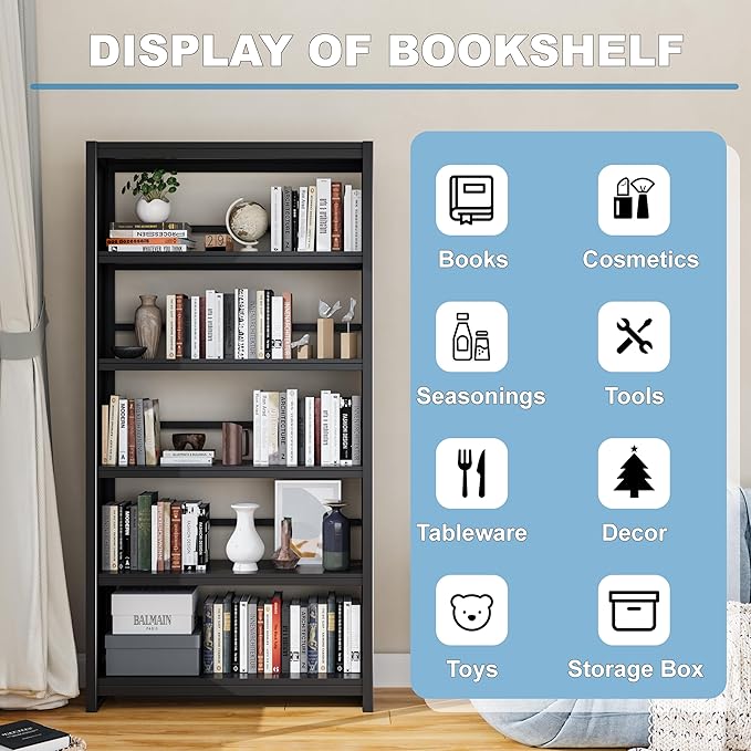69.3" Tall Metal Bookshelf, Black Bookcase with Display Shelves, 5 Tier Open Shelf Bookcases for Living Room, Bedroom, Home Office, Study, Library