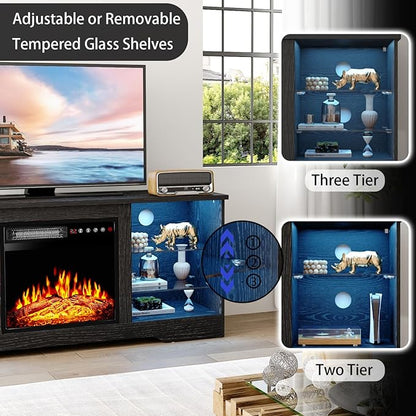 PRETZI Fireplace TV Stand with 18" Fireplace Up to 65" TVs, 58" Entertainment Center with LED Lights, TV Media Console with Adjustable Glass Shelves and Storage Cabinets for Living Room, Black