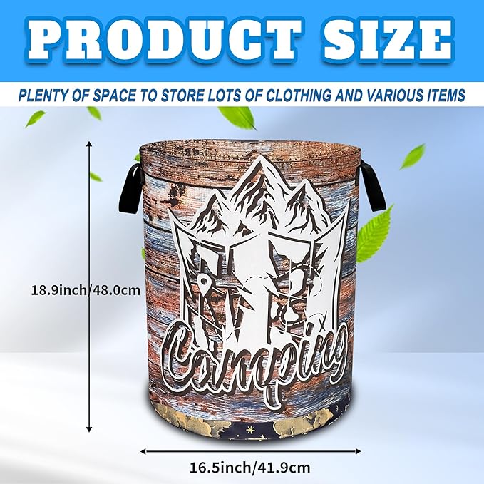 Camping Laundry Basket Oxford Cloth Funny Mountain Camper Laundry Hamper With Handle Foldable Portable Clothes Storage Basket 18.9 X 16.5 Inch Storage Bag For Laundry Room/Bathroom/Bedroom/Dormitories