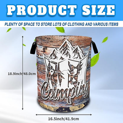 Camping Laundry Basket Oxford Cloth Funny Mountain Camper Laundry Hamper With Handle Foldable Portable Clothes Storage Basket 18.9 X 16.5 Inch Storage Bag For Laundry Room/Bathroom/Bedroom/Dormitories