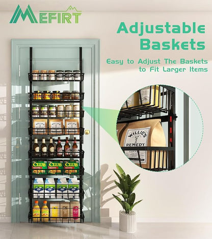 Mefirt Over The Door Pantry Organizer, Wall Mount Spice Rack, Pantry Hanging Storage and Organization, 8 Adjustable Baskets Heavy-Duty Metal for Home & Kitchen, Back of Door Seasoning Rack - Black
