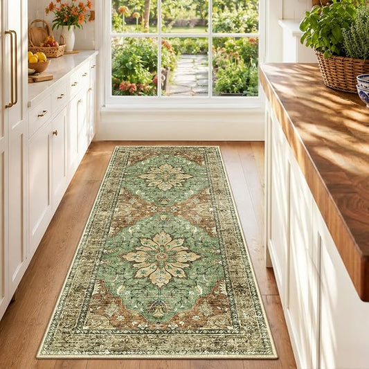 RELEANY Area Rugs Runner 2'x6' Washable Non-Slip, Floral Vintage Distress Medallion Carpet for Kitchen Hallway Bedroom Beside Laundry Room Bathroom, Terracotta Burnt Orange Green