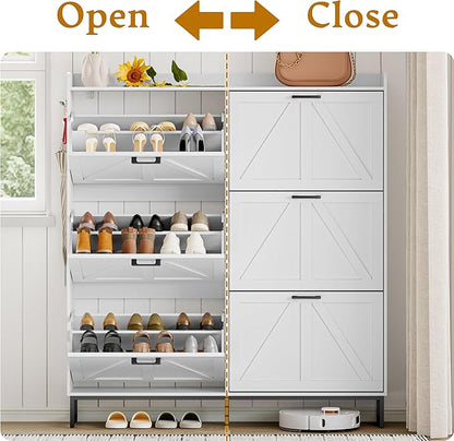 Shoe Cabinet Storage for Entryway, Shoe Storage Cabinet with 6 Flip Drawers, Freestanding Narrow Shoe Rack Organizer with Metal Legs for Foyer, Hallway, White
