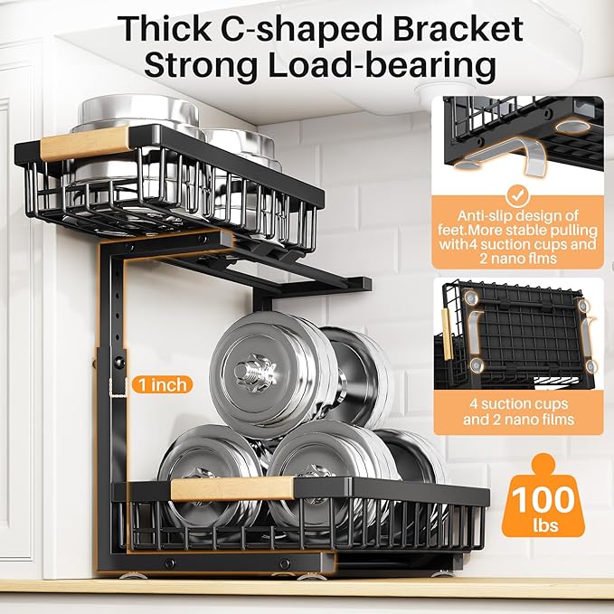 PXRACK Under Sink Organizer, Adjustable Height, 2 Tier Pull Out Under Cabinet Organizer, Slide Out Thickened Metal Under Sink Storage for Kitchen Bathroom Laundry Pantry Cabinet, Black, Small-1-Pack