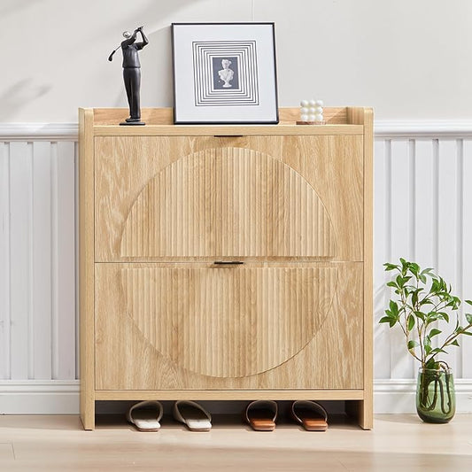 Narrow Shoe Cabinet with 2 Flip Drawers for Entryway,Wood Slim Shoe Rack Cabinet, Freestanding Hidden Shoe Storage Organizer, Space-Saving, Round Fluted Pattern for Hallway, Living Room (Natural)