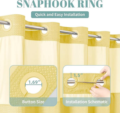 Yellow No Hook Waffle Weave Shower Curtain with snap-in Liner Replacement, 230GSM Waterproof Fabric Hotel Shower Curtain Set for Bathroom, Through Mesh Top Window,71Wx77H