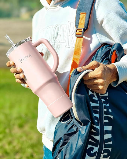 Renoj Tumbler with Handle 100% Leak Proof Insulated Water Bottle for Iced Coffee & Hot Drinks - Fits Car Cup Holder, Ideal Gift, 2 Straws & Silicone Boot BPA-Free - SnapShift Light Pink 32 oz