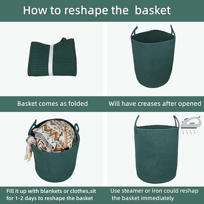 XUANGUO Cotton Rope Laundry Basket Hamper for Clothes Woven Storage Basket for Living Room Bedroom Boho Tall Rope Baskets for Blanket Toys Pillow Towels Baby Nursery Hamper Bin Large dark green