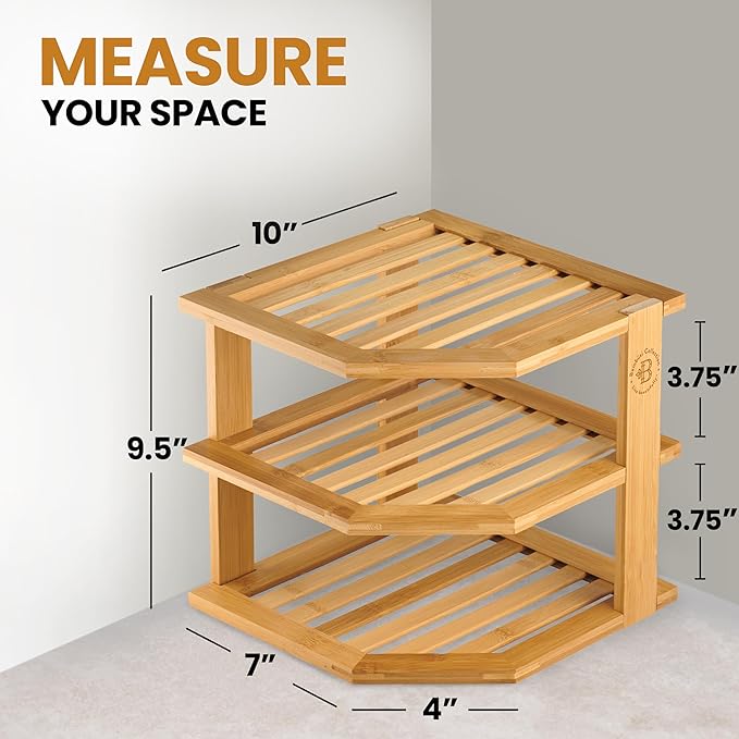 Cabinet Organizer Shelf - Bamboo Corner Rack for Kitchen Counter, Cabinet Space Saver for Plates, Dishes, Bowls, Bread - Pantry and Bathroom Storage or Countertop - Useful Home & Housewarming Gift | Kitchen Counter, Cabinet Space Saver, Plates, Dishes,...