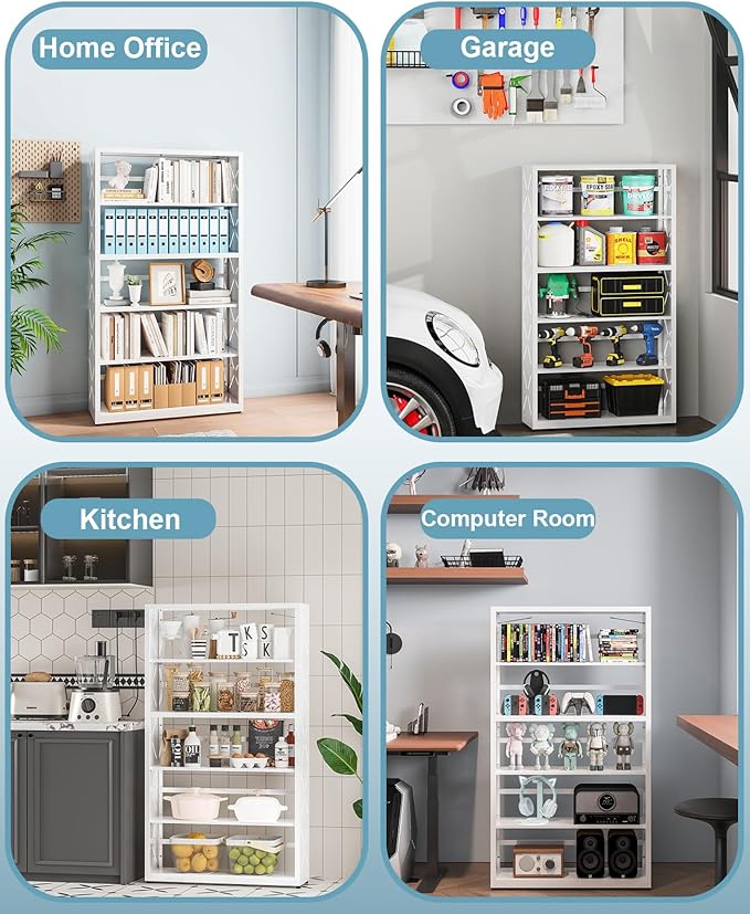 5 Tier Steel Bookshelf, Metal Bookcase with Adjustable Shelves for Home Office, Kitchen, Garage, Modern Storage Dispaly Shelves with Anti-Tip Protection, Heavy-Duty Home Storage Organizer - White