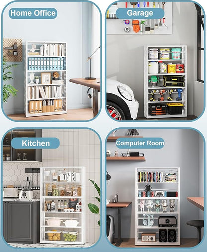 5 Tier Steel Bookshelf, Metal Bookcase with Adjustable Shelves for Home Office, Kitchen, Garage, Modern Storage Dispaly Shelves with Anti-Tip Protection, Heavy-Duty Home Storage Organizer - White