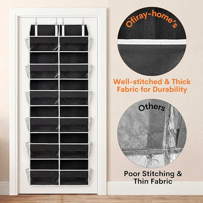 Over The Door Organizer 6 Tiers, Extra Large Behind Door Storage of 12 Compartments, 80 lbs Weight Capacity Hanging Storage Organizer with Clear Window Kids Toys, Shoes, Diapers, Room Storage,Black