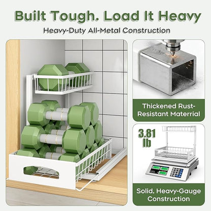 Under Sink Organizer, Cabinet Organizer for Kitchen, Height Adjustable Pull Out Heavy Duty 2 Tier Metal Under Sink Storage for Bathroom Pantry (White, 1 Pack)