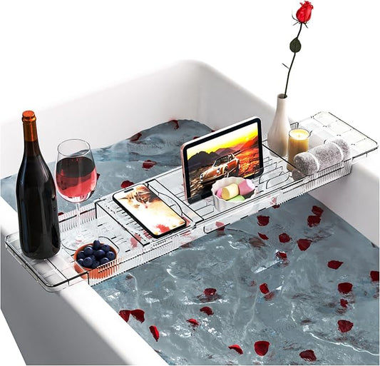 Yieach Luxury Tub Tray for Bathtub Expandable,Clear Bath Shelf Over Tub and Acrylic Bathtub Tray,Plastic Bath Board & Table,Bath Caddy Tray & Accessories for Mothers,Mom and Women Relaxing Spa Gifts