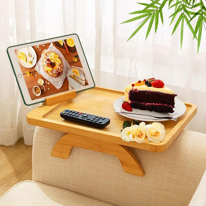 SINWANT Couch Arm Tray Table, Large Space 15.75"x 11.8" Bamboo Couch Armrest Table with 360° Rotating Phone Holder,Foldable Sofa Armrest Tray for Eating Snacks Drinks Remote Books