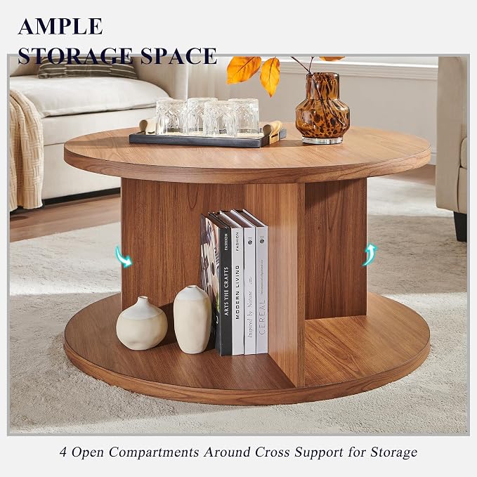 JXQTLINGMU Round Coffee Table for Living Room, 32" Modern Center Table with Cross Support Structure & Open Storage Cubby, Wood Circle Cocktail Table for Small Space, Apartment, Dark Grain
