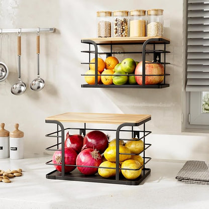 2 Pack Potato and Onion Storage Bin,Stackable Pantry Organizers and Storage with PP Liner and Bamboo Top,Kitchen Storage Organization Counter Basket for Fruits,Produce,Vegetable, Black