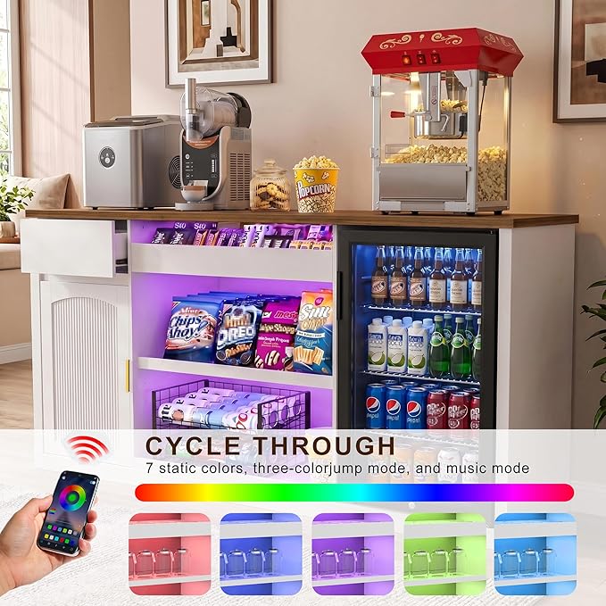 GDLF Snack Bar Cabinet with Fridge Space, 70.1" Snack Organizer with Storage and Candy Display Shelf, Coffee Station for Home Theater or Game Room with LED Lights, White