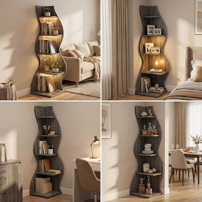 Arvolia 70 Inch Corner Shelf Stylish Design,Modern 5-Tier Wall Corner Bookshelf,Stylish Corner Small Bookcase Storage Rack Plant Stand with Unique Shape for Home Office (Gray)